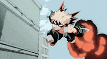 bakugo from my hero academia is flying through the air in front of a building with smoke coming out of his mouth .