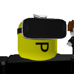 a person wearing a virtual reality headset is standing next to a yellow object .