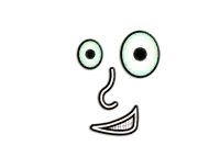 a cartoon face with green eyes , a nose , and a smile .