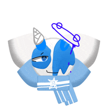 a drawing of a blue and white unicorn with a scarf around his neck