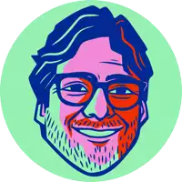 a colorful drawing of a man with glasses and a beard smiling