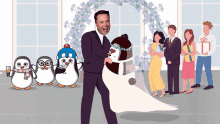 a cartoon of a bride and groom with penguins in the background