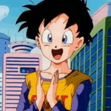 a cartoon character from dragon ball z is standing in front of a city with his hands folded .