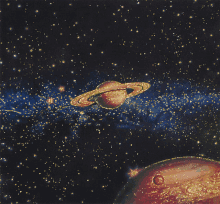 a painting of saturn surrounded by a galaxy of stars