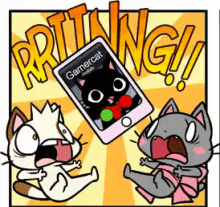 a cartoon of two cats and a cell phone that says gamercat mobile