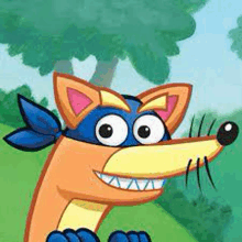 a close up of a cartoon fox wearing a blue bandana around its neck .