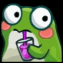 a green frog is drinking a purple drink with a straw .