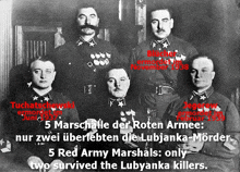 a black and white photo of five men with the caption 5 red army marshals only 2 survived the lubyanka killers