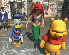 a group of cartoon characters including donald duck ariel and winnie the pooh are walking down a street