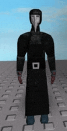 a cartoon character wearing a black coat and a mask is standing on a concrete surface .