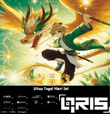 a poster for situs togel hari ini shows a dragon and a boy with a sword