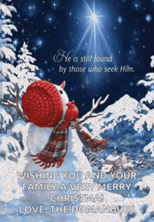 a christmas card with a snowman wearing a red hat and scarf wishing you and your family a very merry christmas