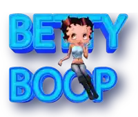 a betty boop logo with a girl sitting on the word boop