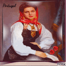 a painting of a woman from portugal with red flowers