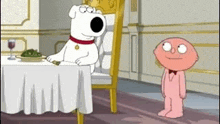 a cartoon dog is sitting at a table with a plate of food next to a pink cartoon character .