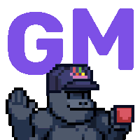 a pixel art of a gorilla holding a cup with the letter gm above him