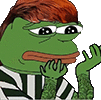 a green frog with red hair is wearing a striped shirt and holding his mouth .