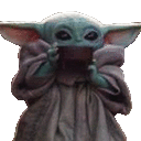 the baby yoda from star wars is wearing a grey robe and holding a cell phone in his mouth .