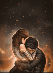 a man and a woman hugging each other in front of a fire background