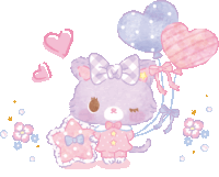 a purple cat is holding a pillow and balloons in the shape of hearts