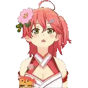 a girl with red hair and a flower in her hair is holding a hamburger in her hand .