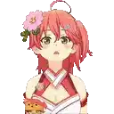 a girl with red hair and a flower in her hair is holding a hamburger in her hand .