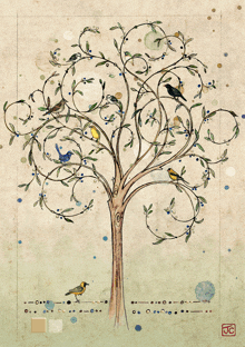 a drawing of a tree with birds and leaves with the letters jc on the bottom