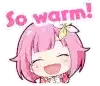 a girl with pink hair is smiling and says `` so warm '' .