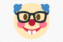 a clown with glasses and a red nose is smiling