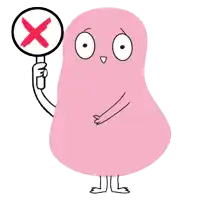 a pink cartoon character is holding up a sign with a red cross on it