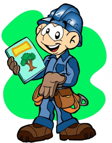 a cartoon of a man in a hard hat holding a book