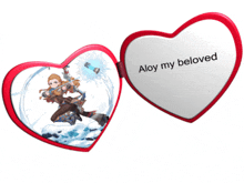 a heart shaped mirror with a picture of a girl and the words " aloy my beloved " on it