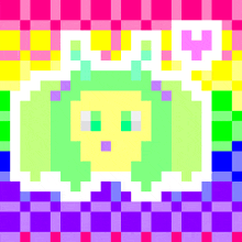 a pixel art drawing of a frog with a rainbow background