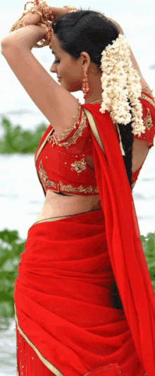 a woman wearing a red blouse and a red saree is standing in front of a body of water