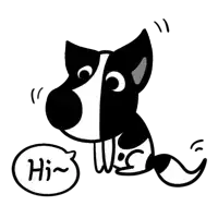 a black and white cartoon dog with a speech bubble that says hi .