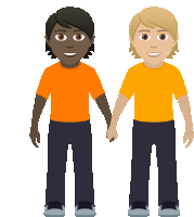 two cartoon characters holding hands one black and one blonde