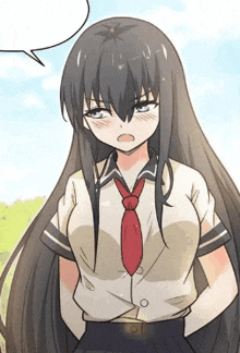 a girl with long black hair is wearing a school uniform and tie .