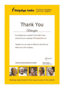 a thank you card from helpage india with a picture of elderly people on it