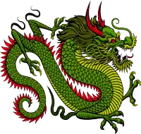 a green and yellow dragon with red horns and a long tail