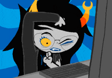 a cartoon character with horns and glasses is sitting in front of a computer keyboard