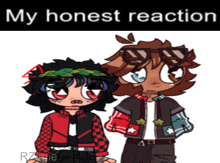 a couple of cartoon characters standing next to each other with the words " my honest reaction " above them