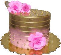 a pink and gold cake with pink roses and gold beads