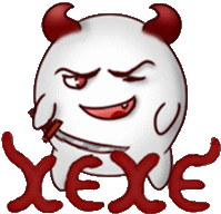 a cartoon of a devil with horns holding a knife and the word xexe below him