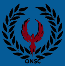 a logo for onsc with a red bird and black leaves