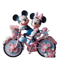 mickey mouse and minnie mouse riding a pink bicycle