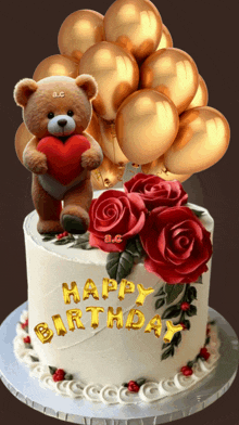 a teddy bear is holding a heart on top of a birthday cake