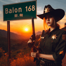 a woman in a sheriff 's uniform is holding a gun in front of a green sign that says balon 168