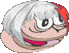 a pixel art drawing of a person 's face with white hair and glasses .