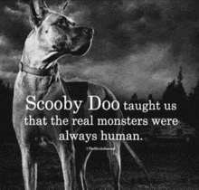 a black and white photo of a dog with a quote about scooby doo