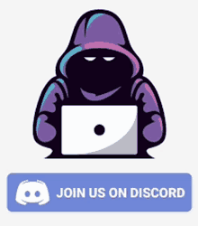 a cartoon of a man in a purple hoodie holding a laptop with a join us on discord button below it